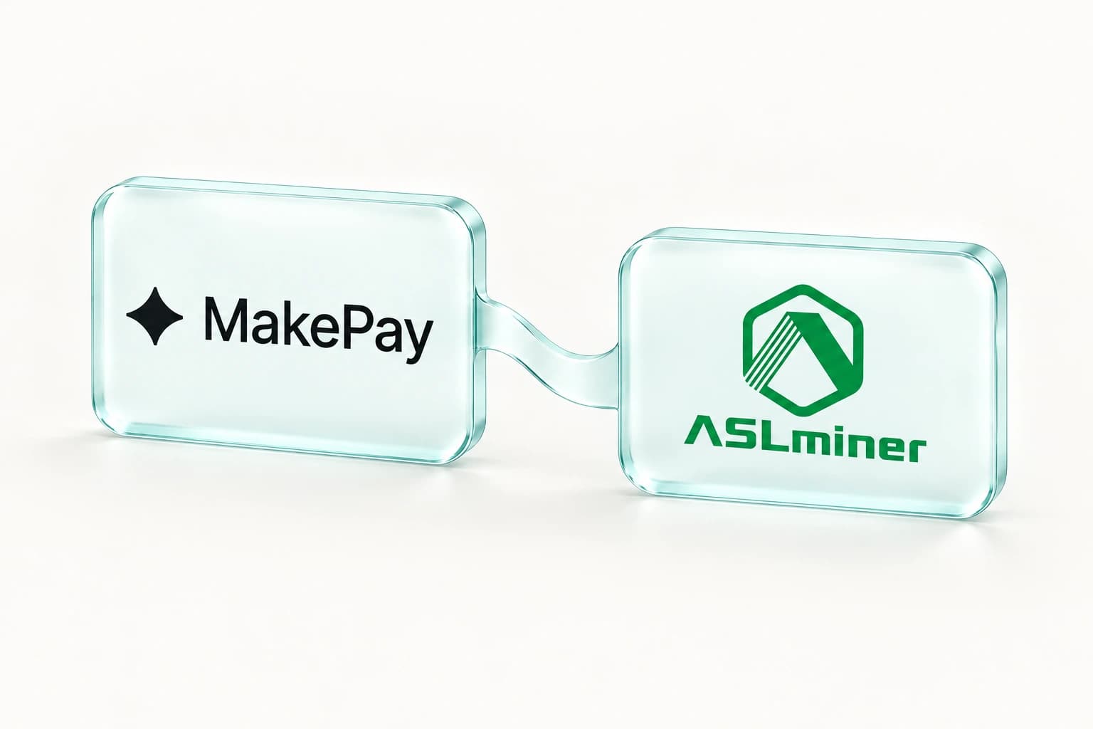 MakePay and ASLminer logos on two minimal glass tiles joined by a subtle glass connection