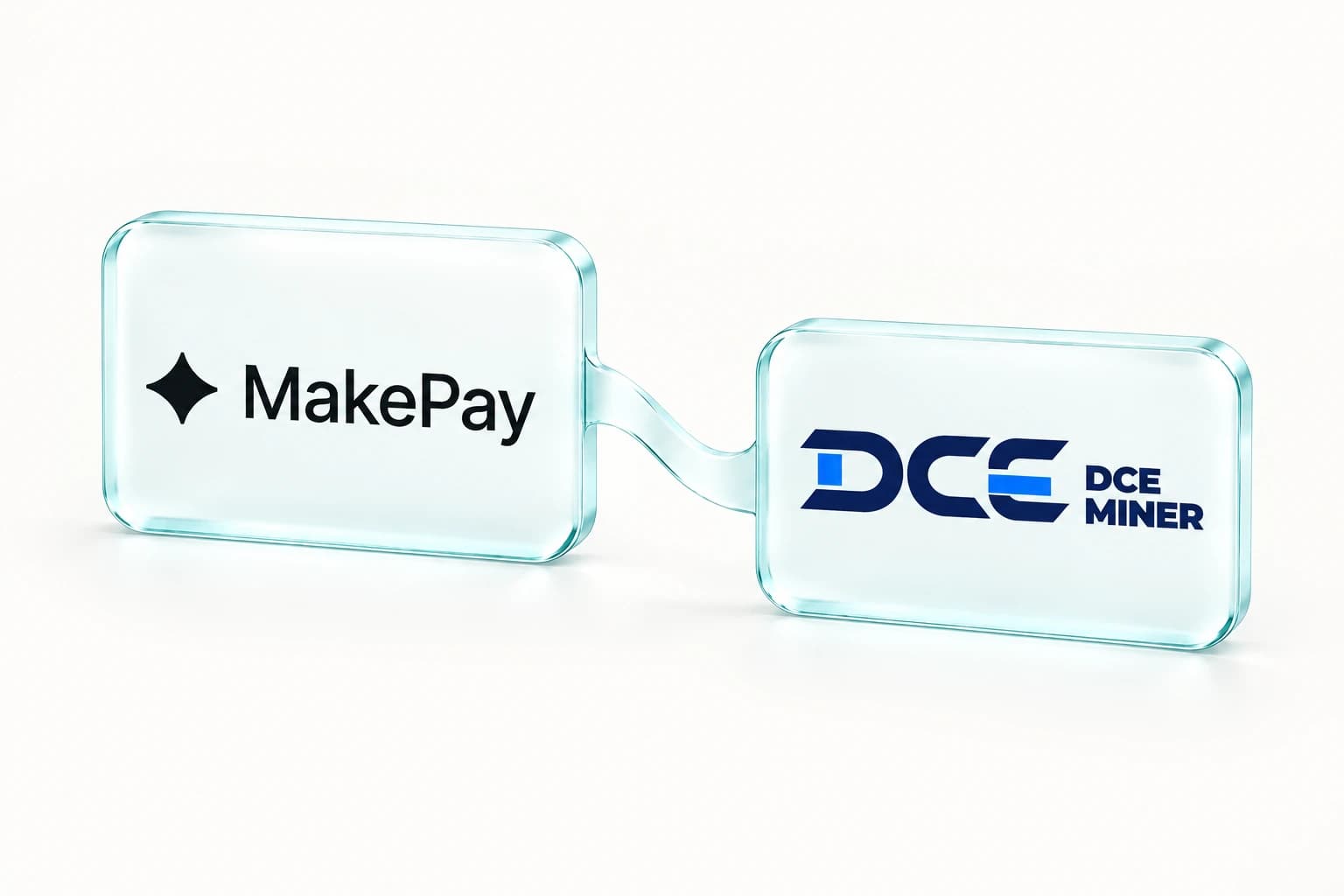 MakePay and DCE Miner logos on two minimal glass tiles joined by a subtle glass connection