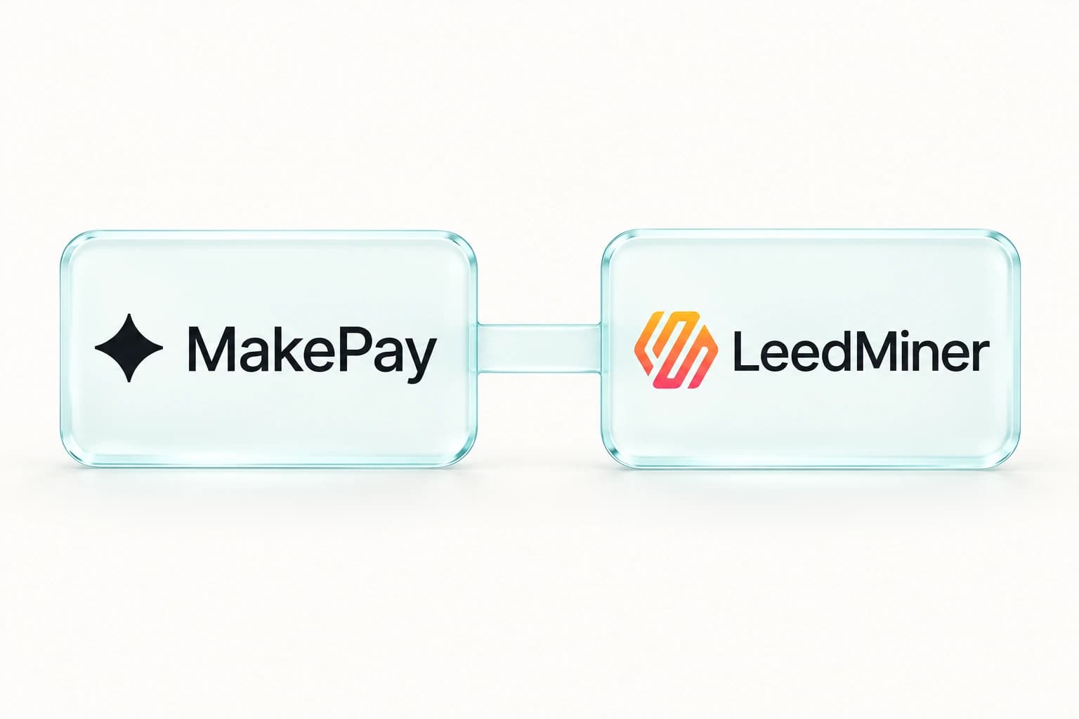 MakePay and LeedMiner logos on two minimal glass tiles joined by a subtle glass connection