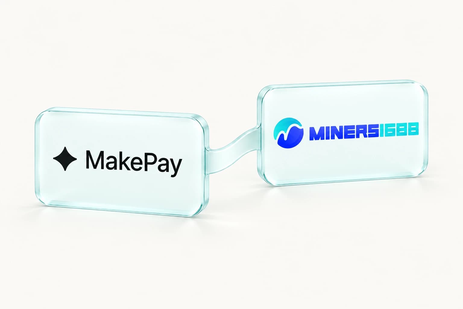 MakePay and Miners1688 logos on two minimal glass tiles joined by a subtle glass connection