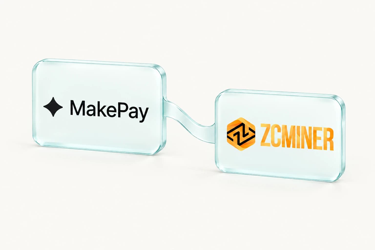 MakePay and ZC Miner logos on two minimal glass tiles joined by a subtle glass connection