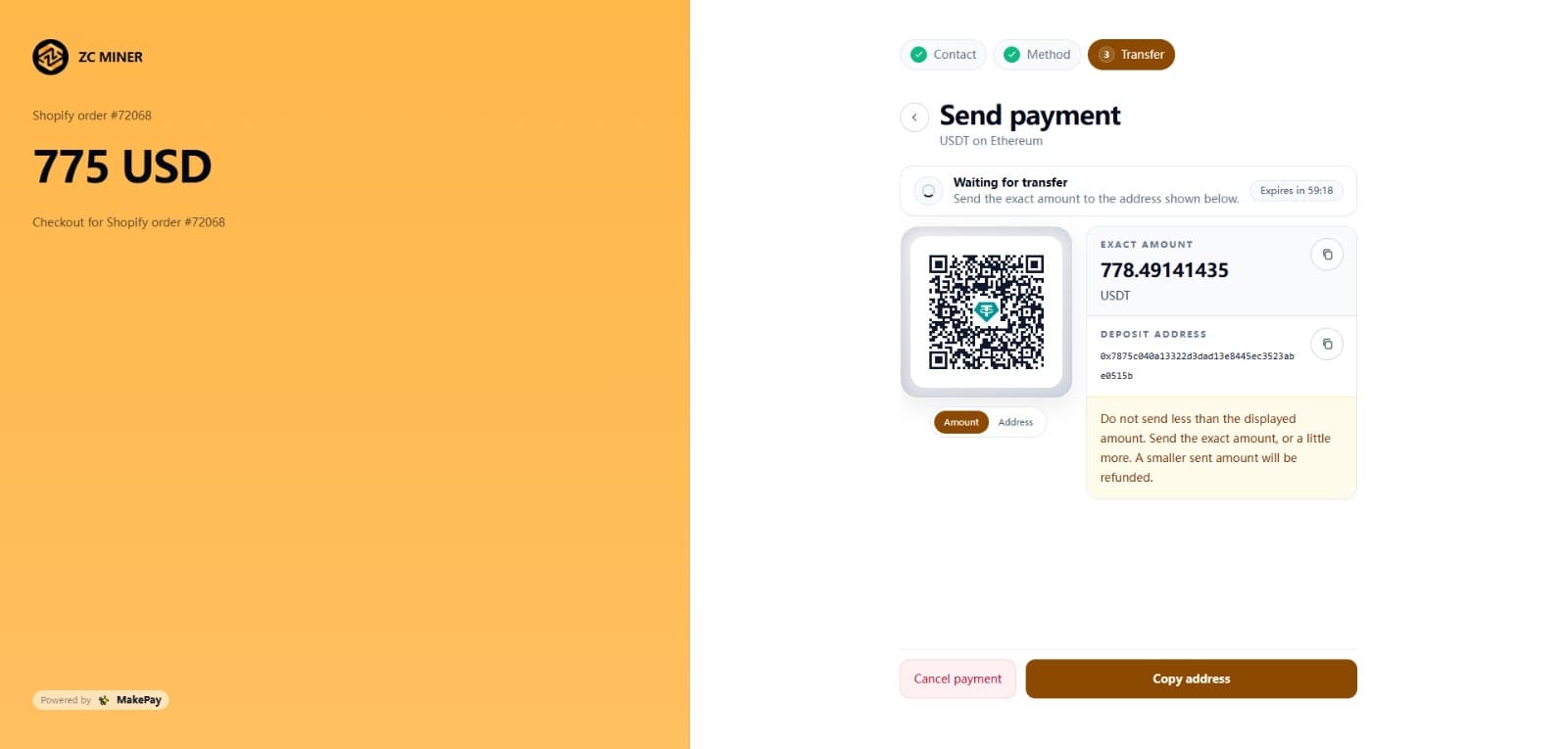 Published ZC Miner example with Shopify order details beside MakePay crypto payment instructions
