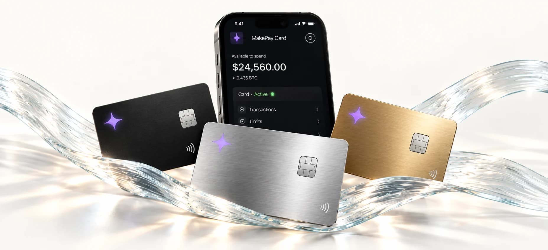 MakePay app and black, silver, and gold card concepts surrounded by flowing glass ribbons