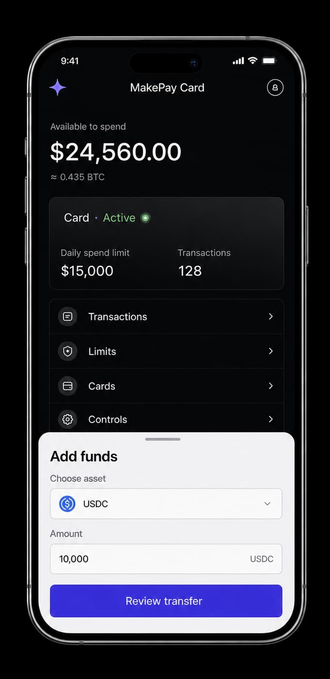 MakePay Card testing interface showing funding and card controls