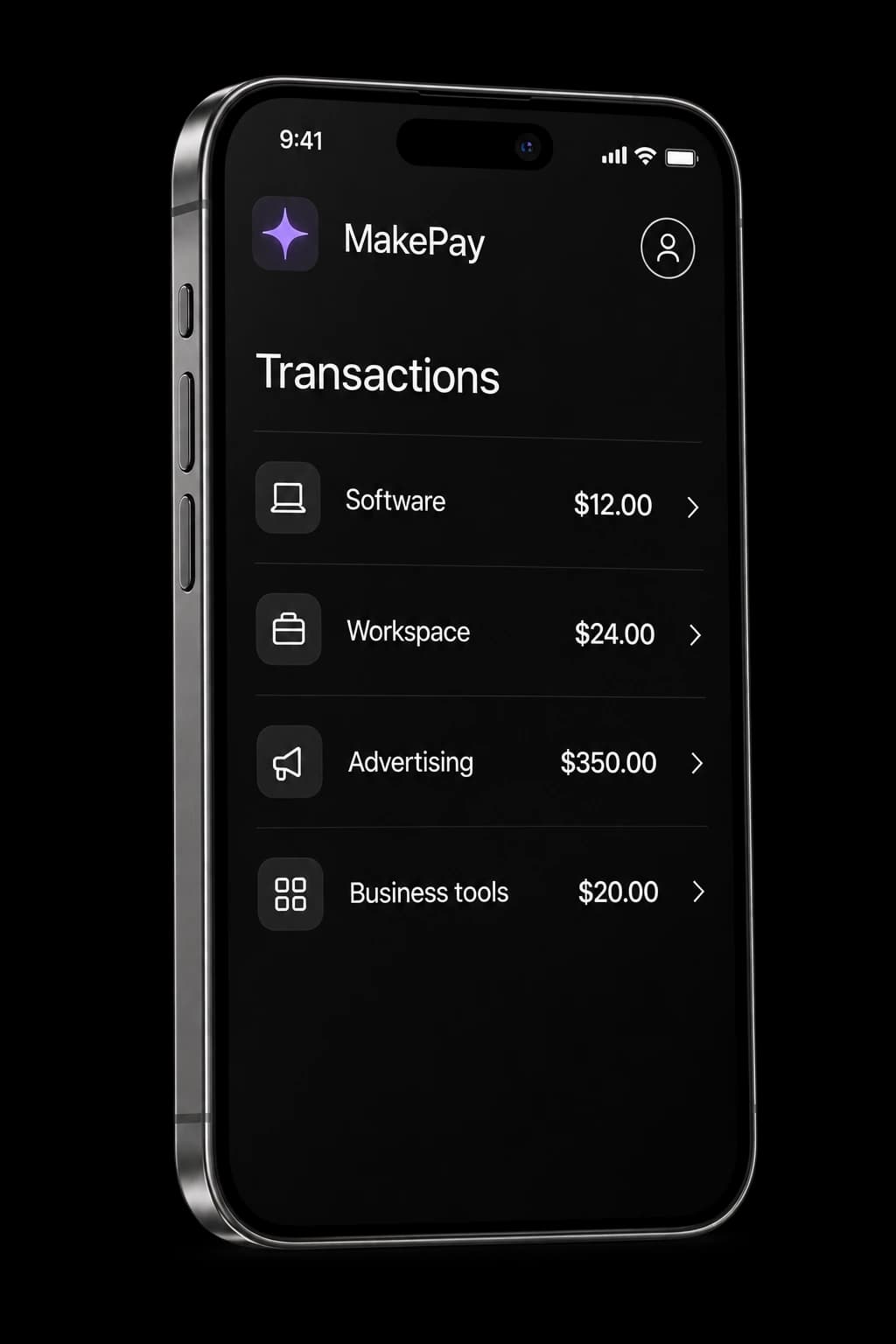 MakePay app concept showing example business transactions