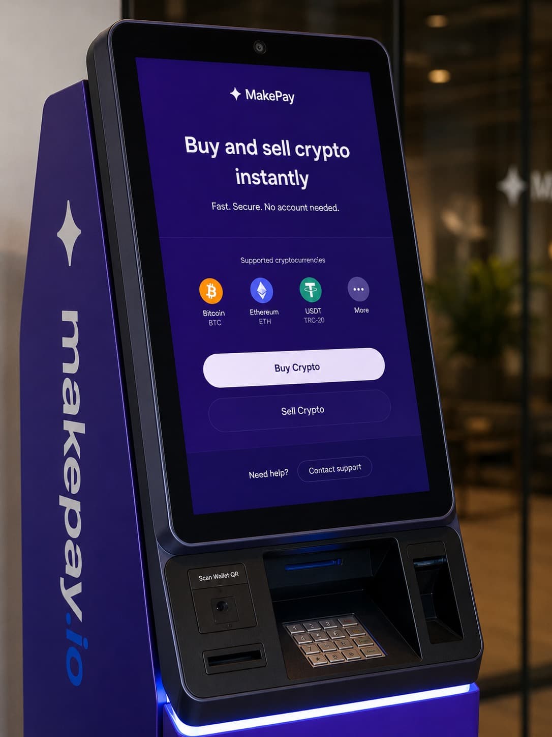 MakePay crypto ATM welcome screen with buy and sell actions