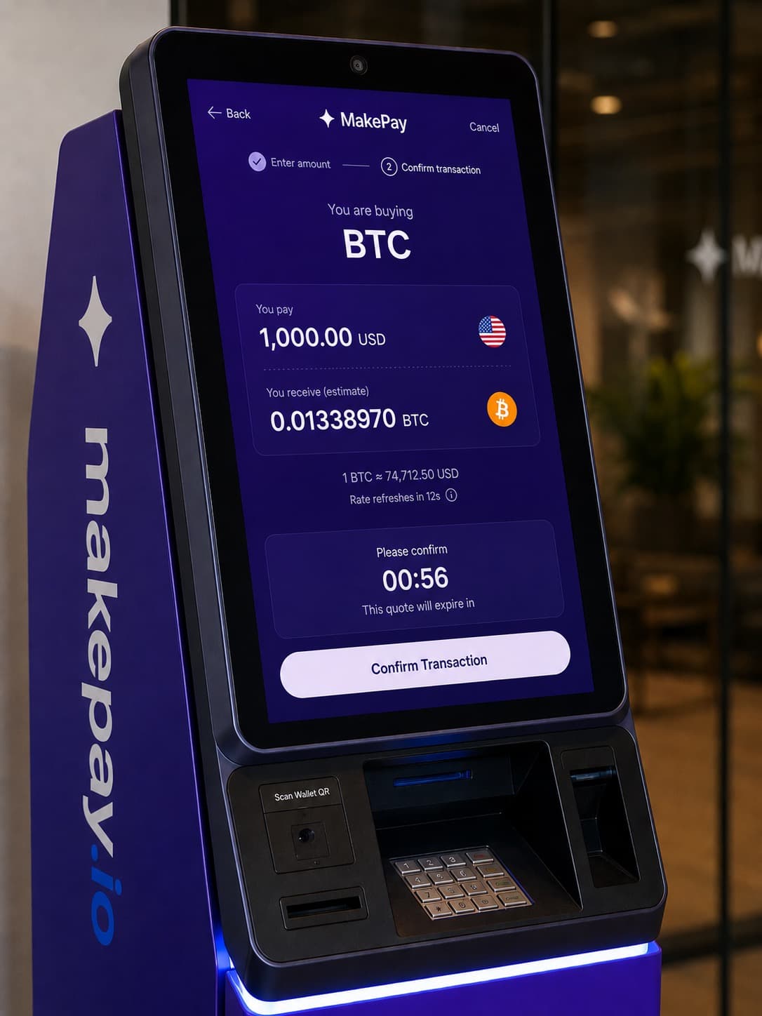 MakePay crypto ATM amount and quote confirmation screen