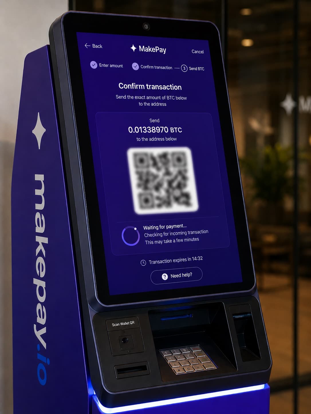 MakePay crypto ATM payment instructions and confirmation screen