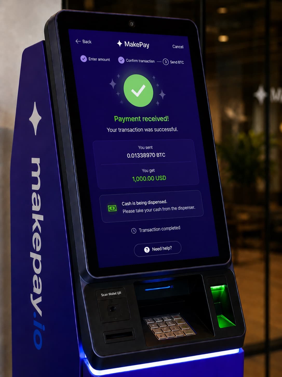 MakePay crypto ATM transaction success and cash dispensing screen