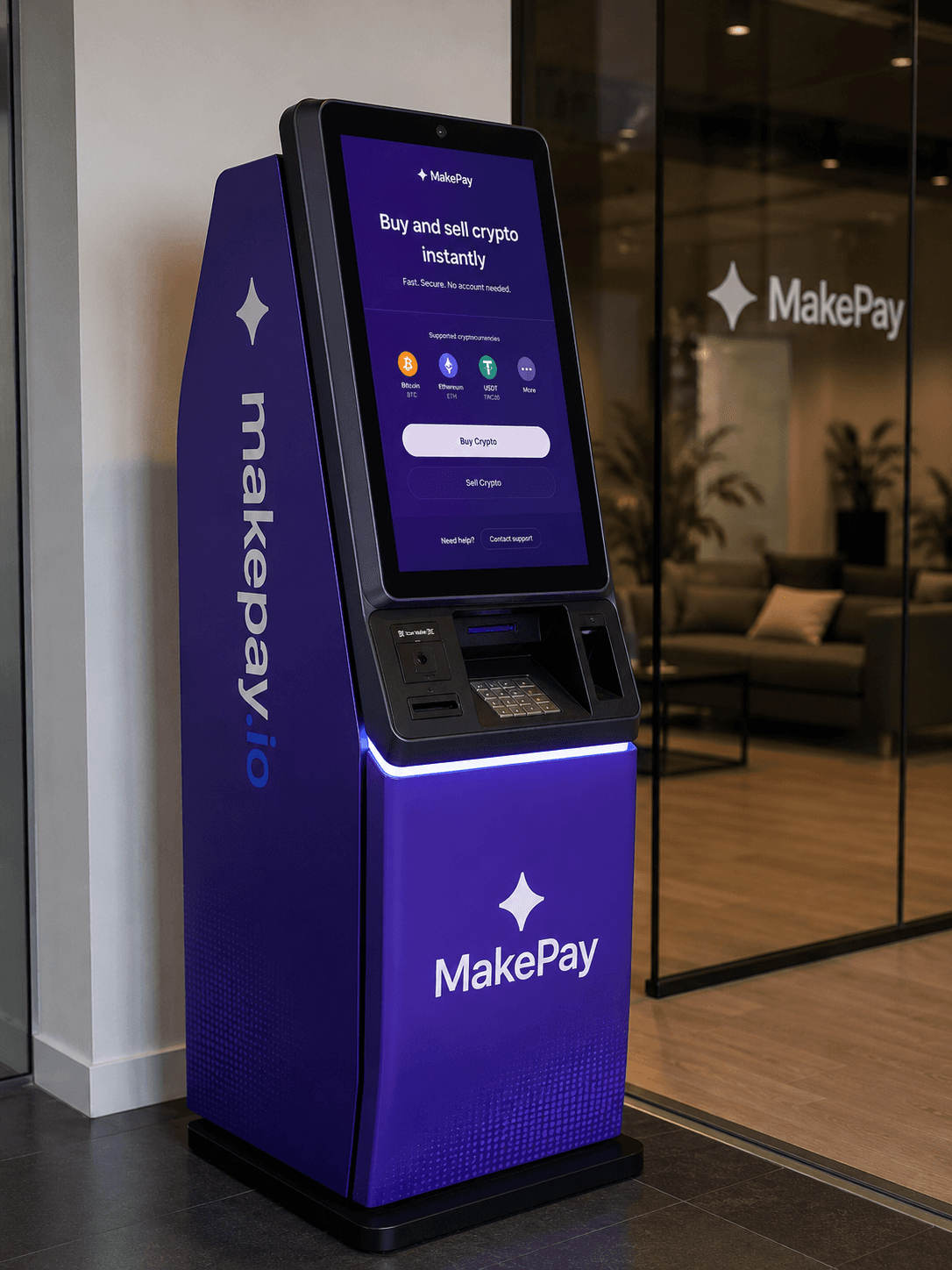 MakePay white-label crypto ATM machine in a public lobby