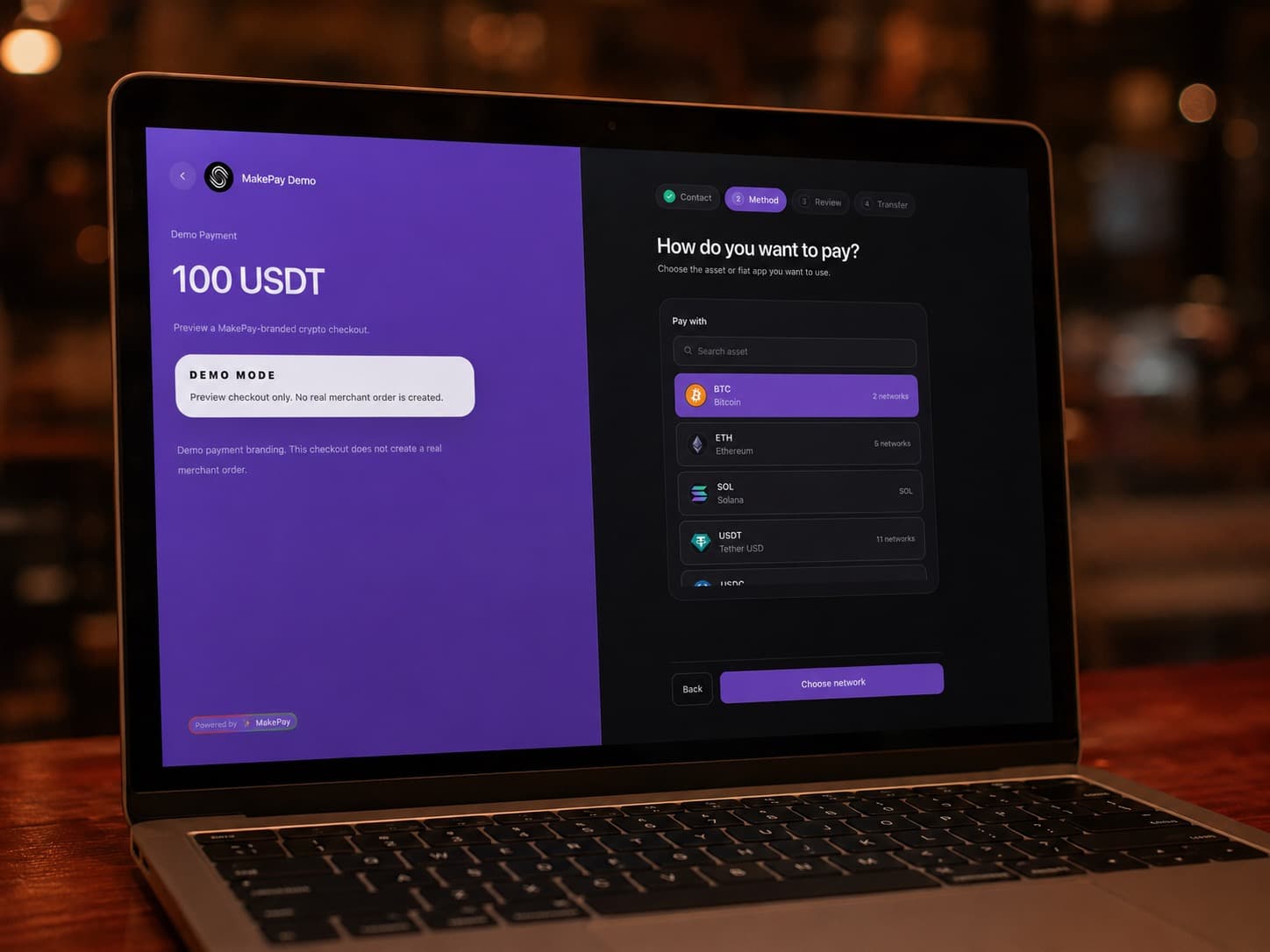 MakePay payment checkout running on a laptop