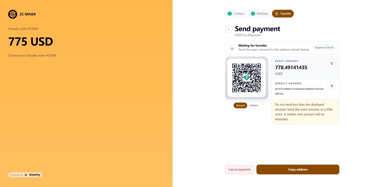 ZC Miner MakePay payment screen for a Shopify mining hardware order